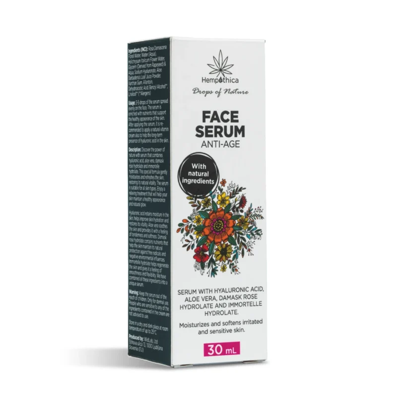 Naravni, pomlajevalni serum za obraz s hialuronsko kislino. Koži prijazna naravna kozmetika. Hempethica naravna kozmetika